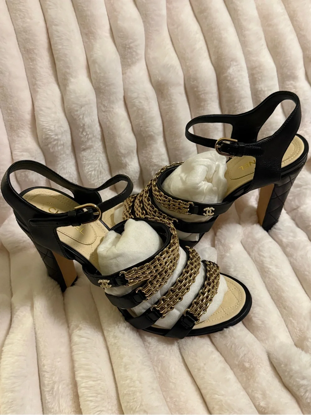 CHANEL Black Leather High-Heel Sandals with Gold Chain Straps